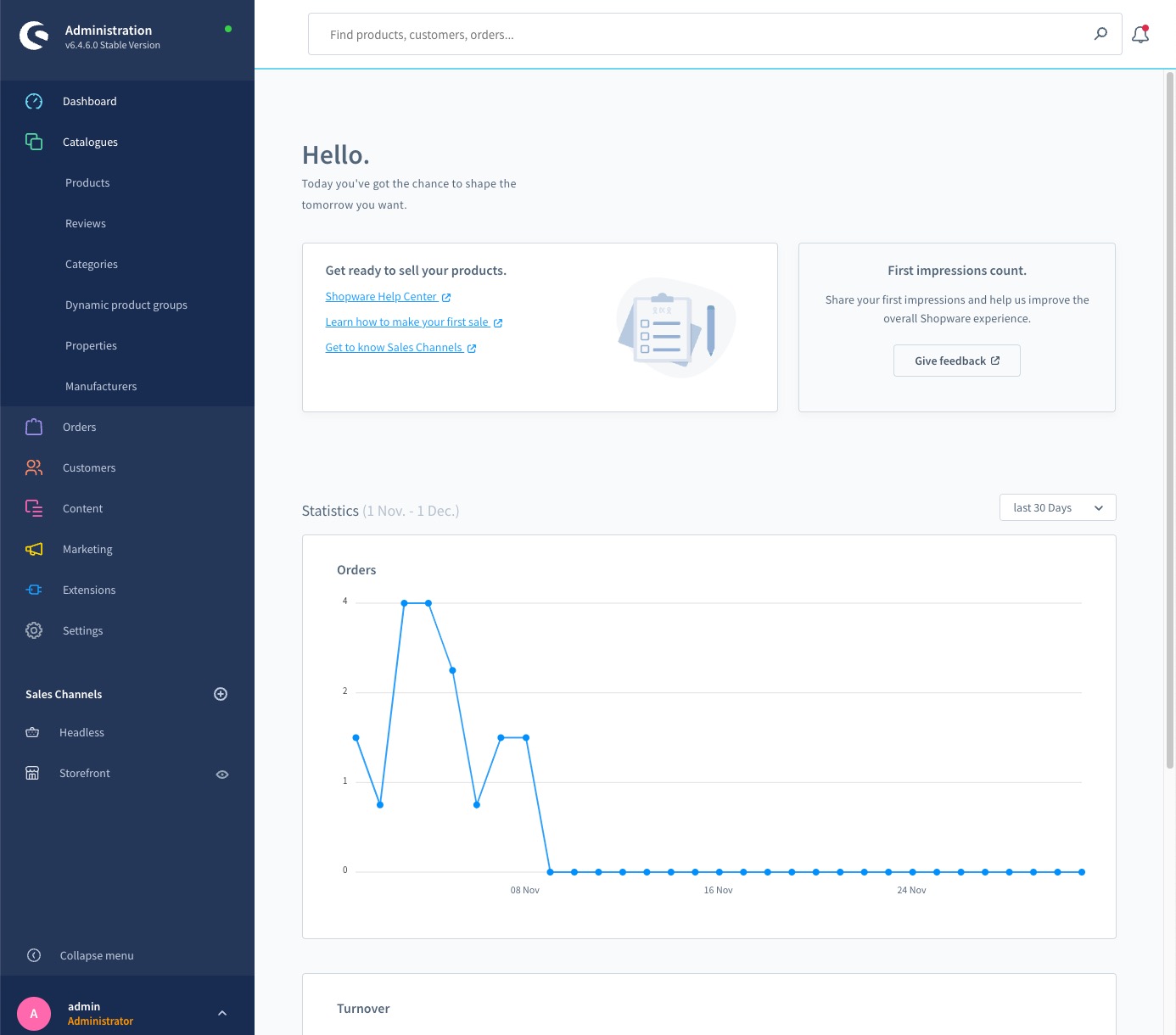 Shopware 6 Merchant Admin - Home