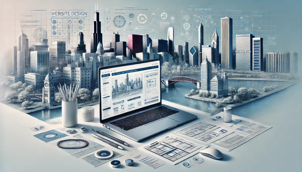 Chicago theme, featuring the city's skyline and iconic landmarks in the background, perfectly aligning with your guide on website design development agency Chicago