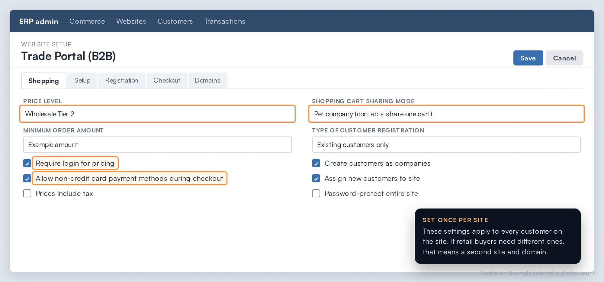 Web site setup record in the ERP with per-site B2B settings such as price level, login for pricing and cart sharing