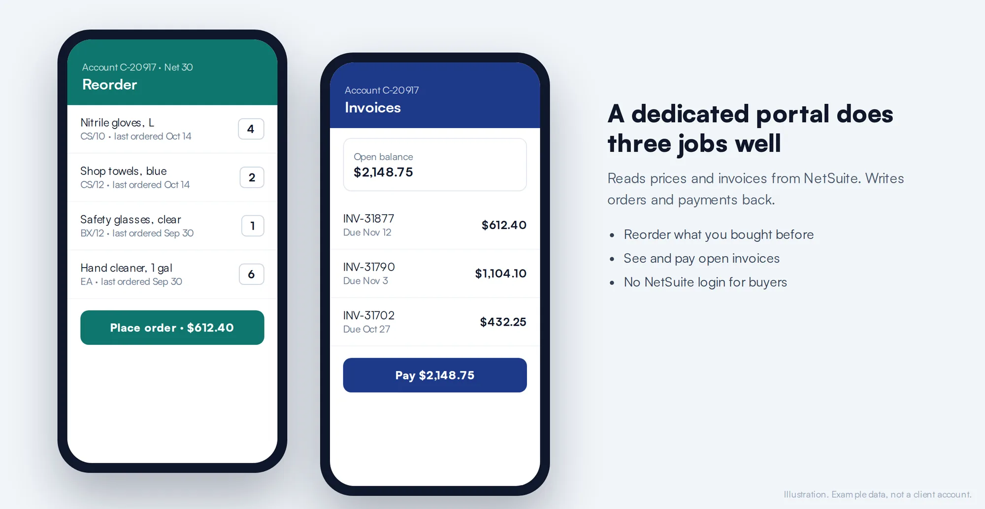 Dedicated NetSuite portal on mobile showing reorder and invoice payment screens