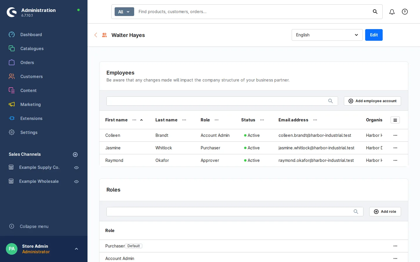 Shopware admin customer record listing a company's employees with Account Admin, Purchaser and Approver roles