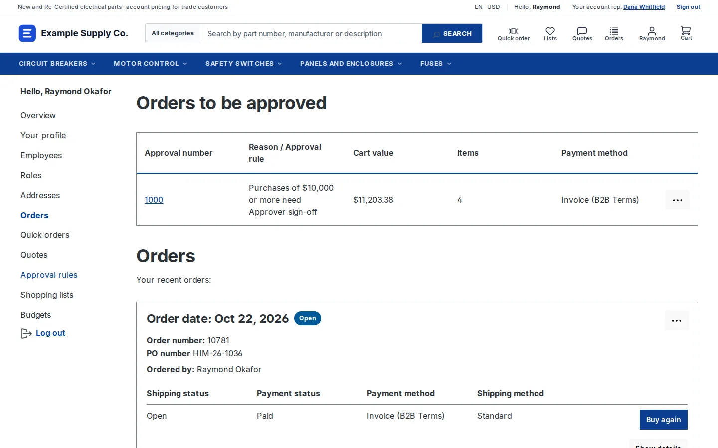 Shopware buyer account for an approver showing an order waiting for sign-off under a purchase approval rule