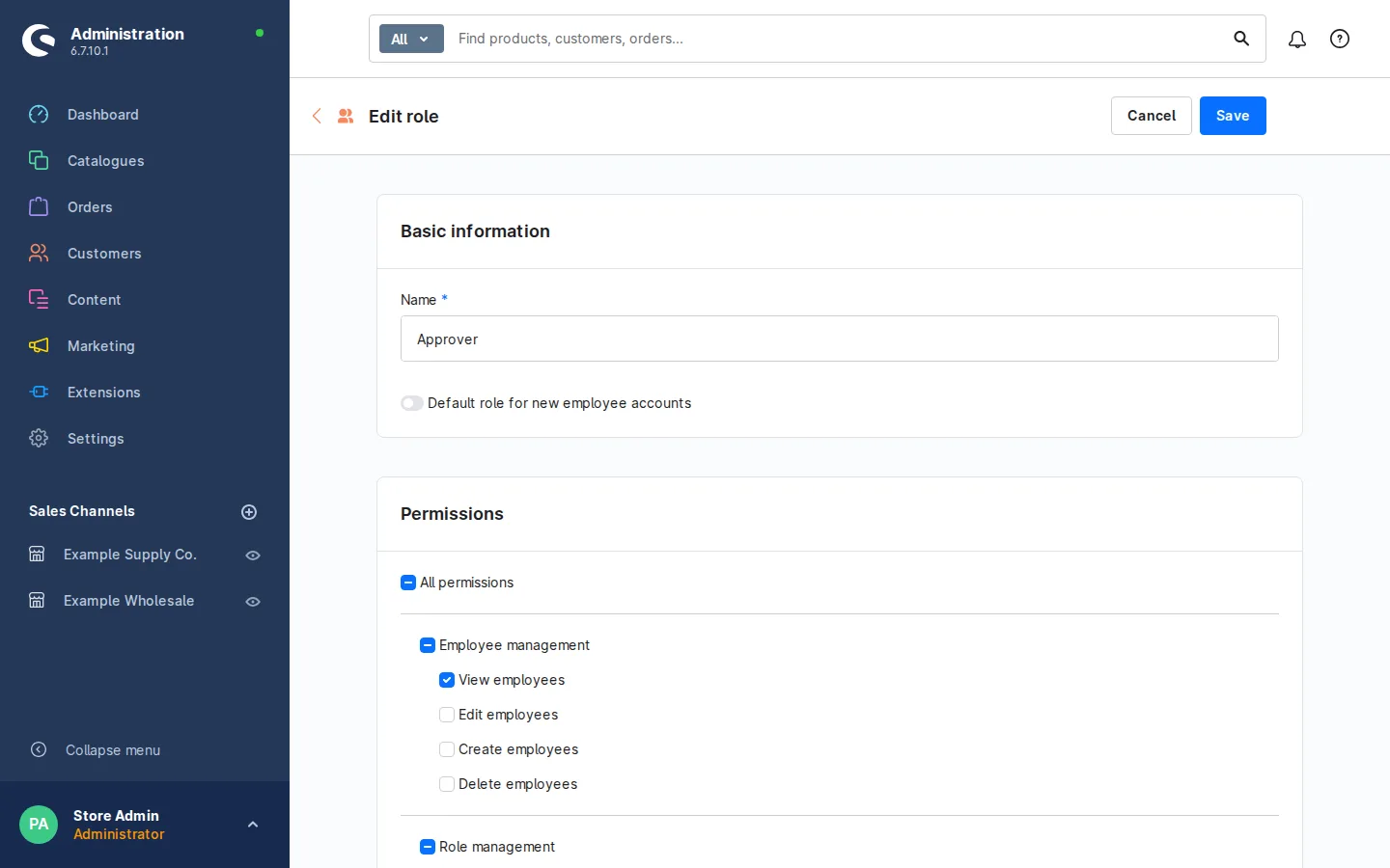 Shopware B2B Components role editor for an Approver role with employee management permissions