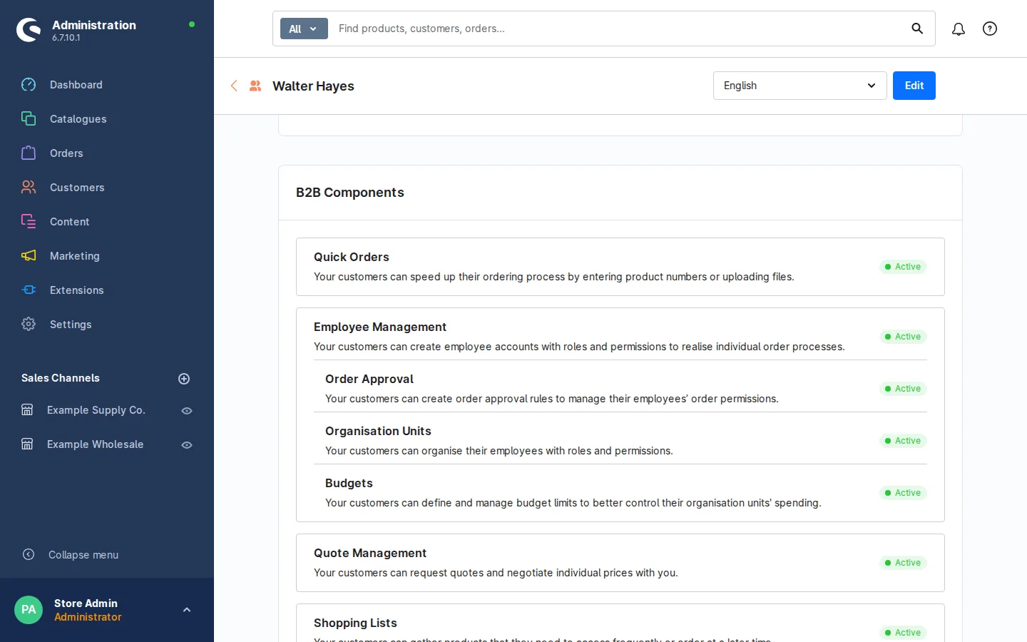 Shopware admin customer record with B2B Components switched on: quick orders, employee management, order approval, organization units, budgets, quote management, shopping lists
