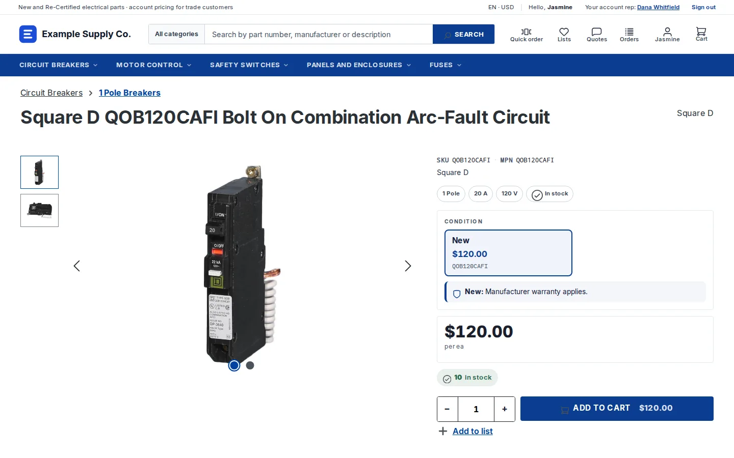 The same Shopware product page signed in to a trade account, showing the account's own price and an add to list option