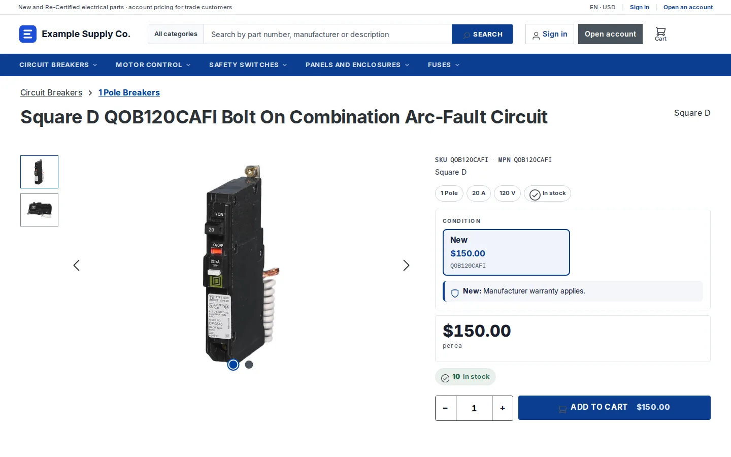 Shopware storefront product page for a circuit breaker viewed while signed out, showing the list price