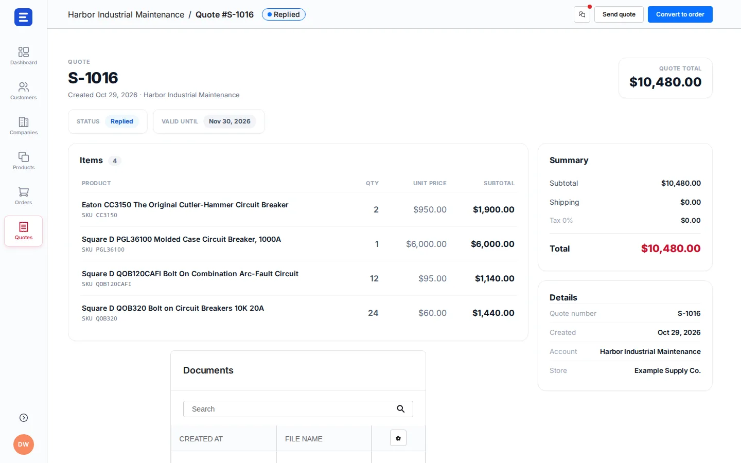 Sales rep app built on Shopware Sales Agent showing a customer quote with line items and totals
